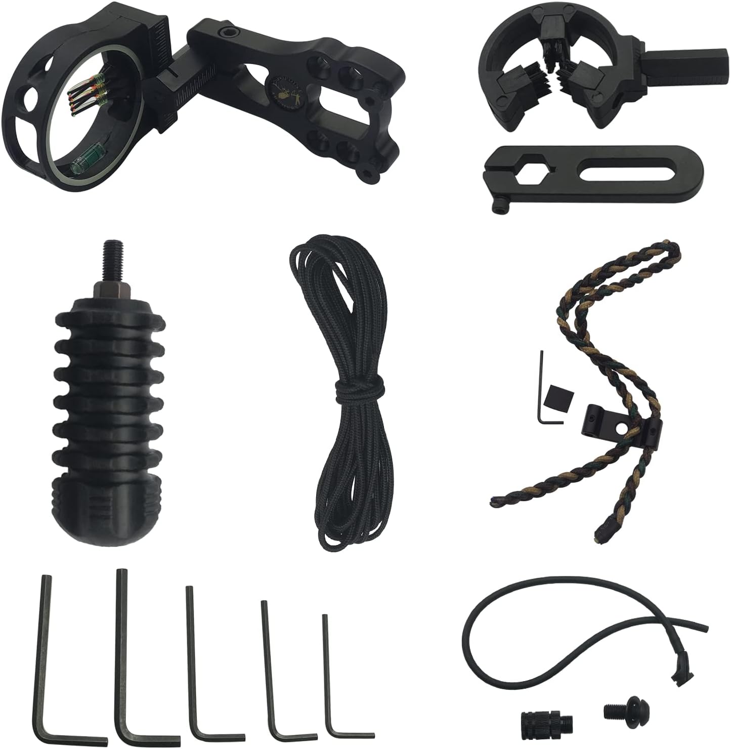 SoSoBiu 7Pcs Compound Bow Accessory Combo, 5 Pin Bow Sight with Level and Light, Brush Arrow Rest, Stabilizer, Bow Sling, Allen Key, Wrist Rope for Archery Bow Hunting, Black