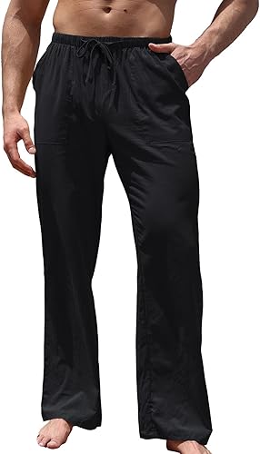 WOWULOVELY Pantalones casuales de lino de algodón para hombre, holgados, ligeros, con cintura elástica, pantalones de yoga, playa, bolsillos