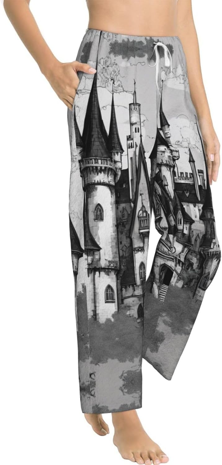 Gothic Fairy Tale Castle Print Fashion Cozy Womens Flannel Pajama Pants,Perfect For Christmas And Everyday Wear