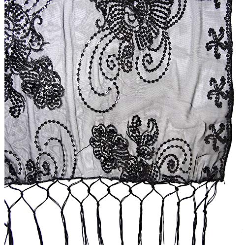L'vow Women's Glittering 1920S Scarf Mesh Sequin Wedding Cape Fringed Evening Shawl Wraps(Black) #TOP5