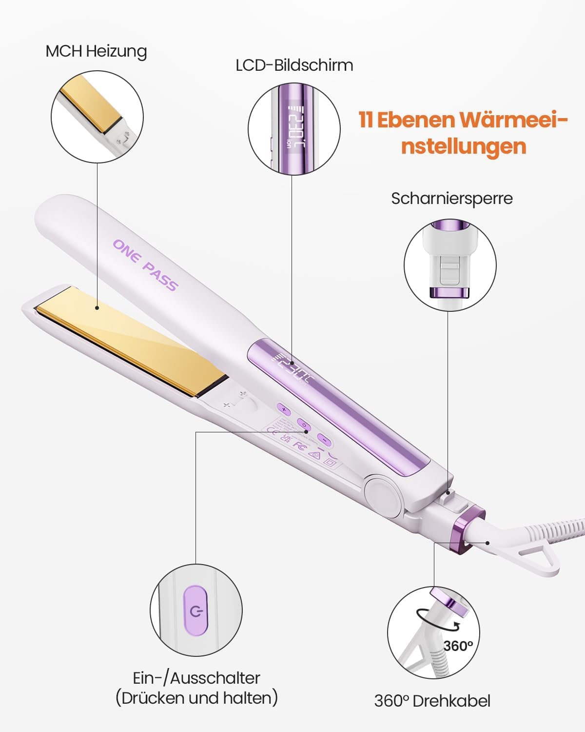 Faszin 2 in 1 Glätteisen Locken und Glätten, Titanplatten Ionen Haarglätter für einen glatten Stil, 20s Schnellaufheizung, 3D-Schwebepanel verhindert Haarziehen, mit LCD-Display, 130°C-230°C - Weiß
