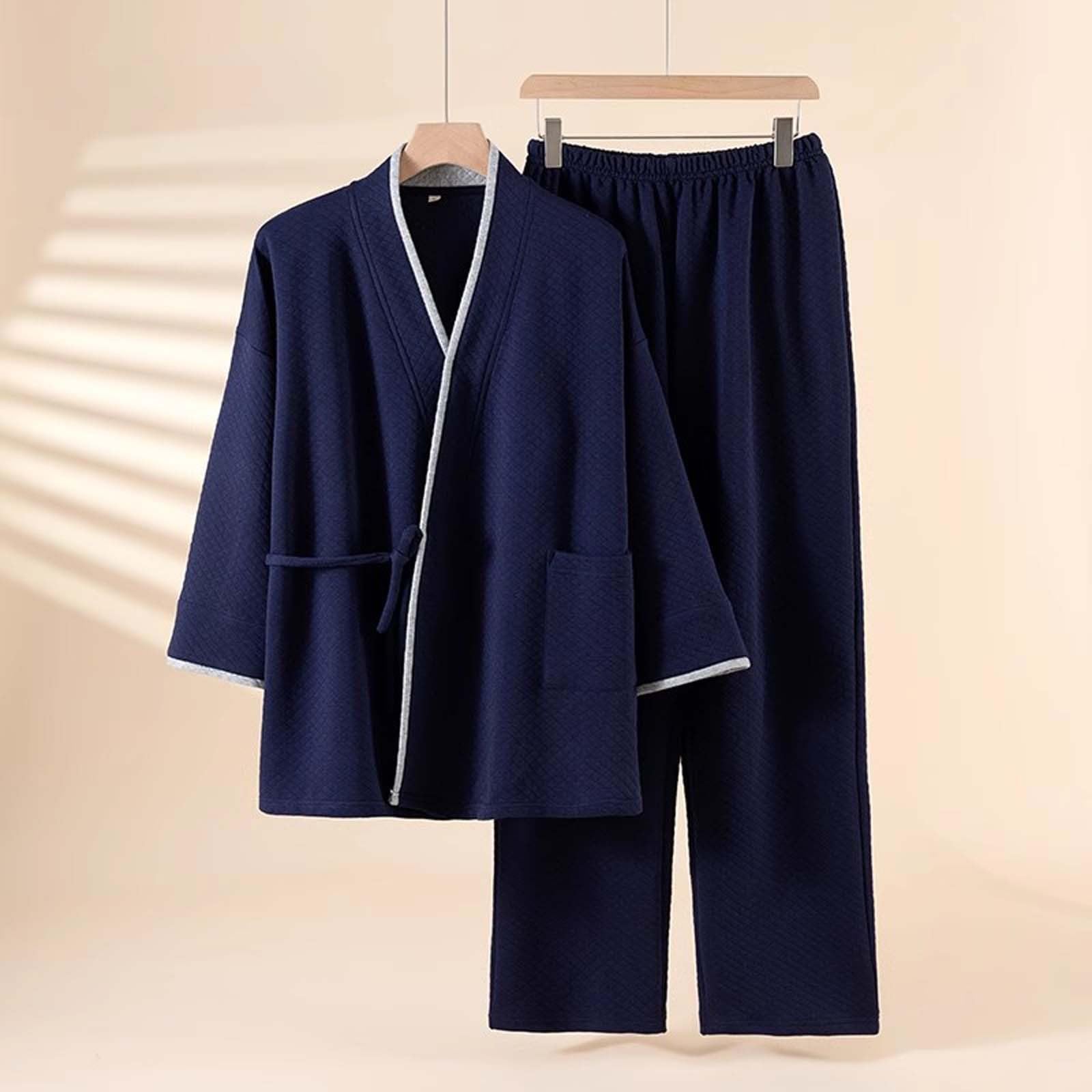 Conjunto de pijama de tela de poliéster para hombre, estilo kimono, cuello chal y botón frontal, ropa de hogar suave para ropa de dormir, noches en casa, estancias de viaje, con estilo práctico para