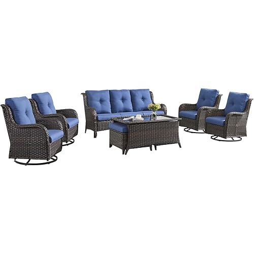 HUMMUH 8pcs Patio Furniture Set Outdoor Swivel Rocker Wicker Patio Chairs,Outdoor Couch with Coffee Table and Ottomans(Brown,Blue)