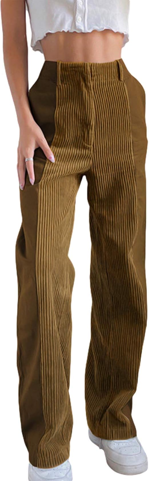 Nokiwiqis Women Casual Corduroy Pants Vintage Loose High Waisted Straight Pants Y2K Streetwear