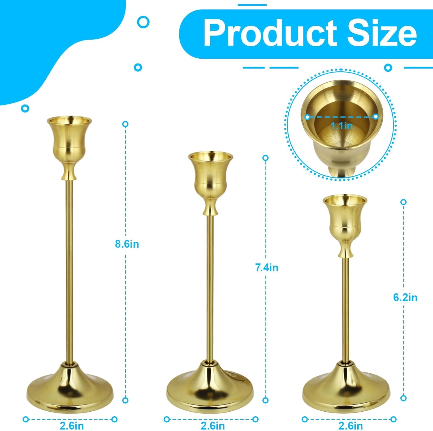 3PCS Candlestick Holders, Brass Gold Taper Candle Holders, Metal Vintage Candle Stick Holders for Table and Mantel Decorations, Home Decor Centerpieces for Dinning, Wedding and Party - Image 4