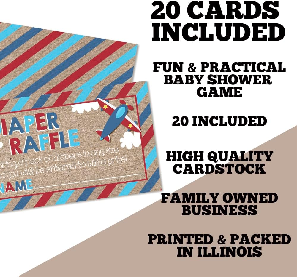 Flying By Airplane Themed Diaper Raffle Tickets for Boy Baby Showers, 20 2" X 3” Double Sided Insert Cards for Games by AmandaCreation, Bring a Pack of Diapers to Win Favors & Prizes!