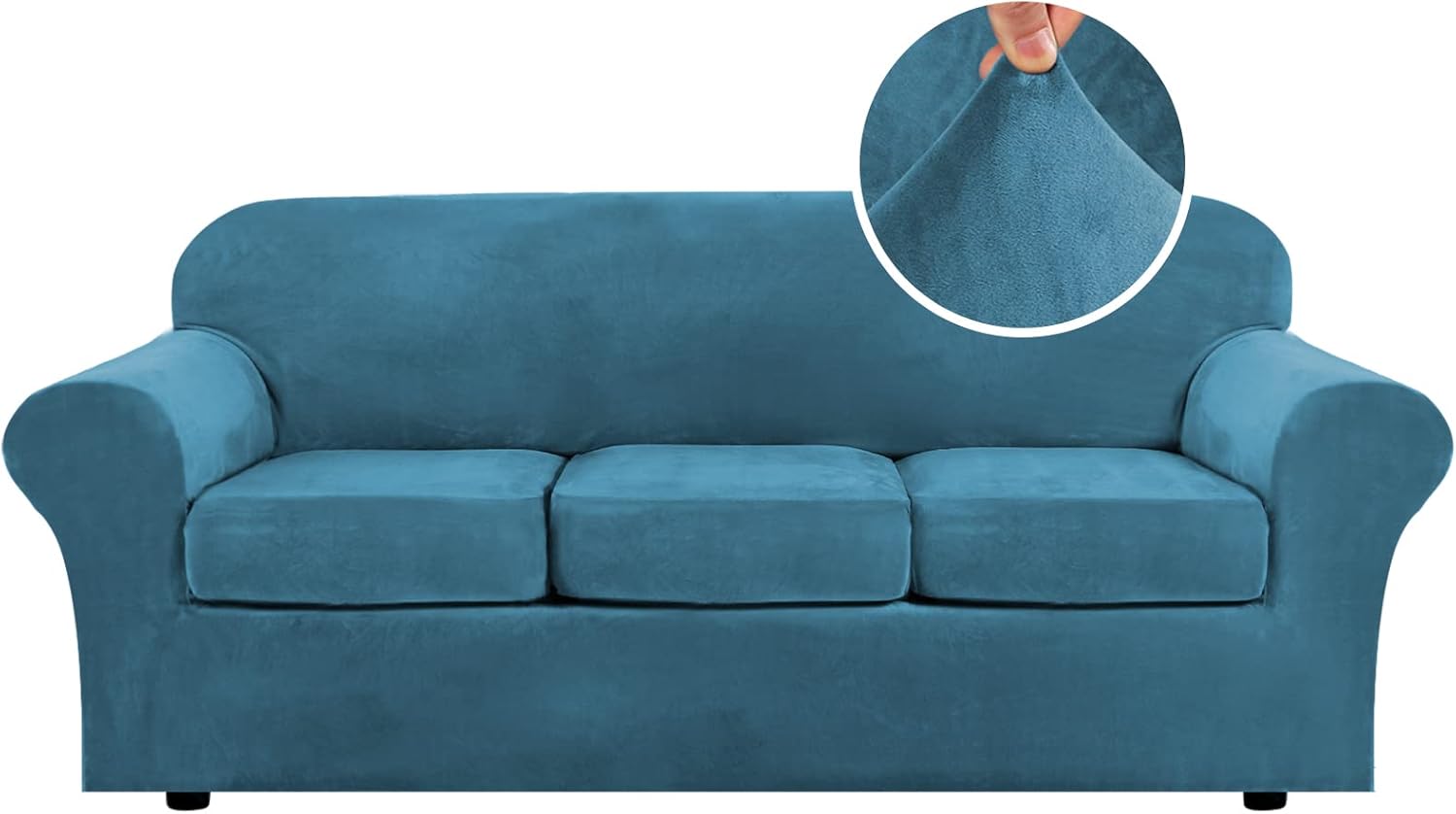H.VERSAILTEX Modern Velvet Plush 4 Piece High Stretch Sofa Slipcover Sofa Cover Furniture Protector Form Fit Luxury Thick Velvet Sofa Cover for 3 Cushion Couch Width Up to 90 Inch (Sofa,Peacock Blue) 3 Cushion Sofa Peacock Blue