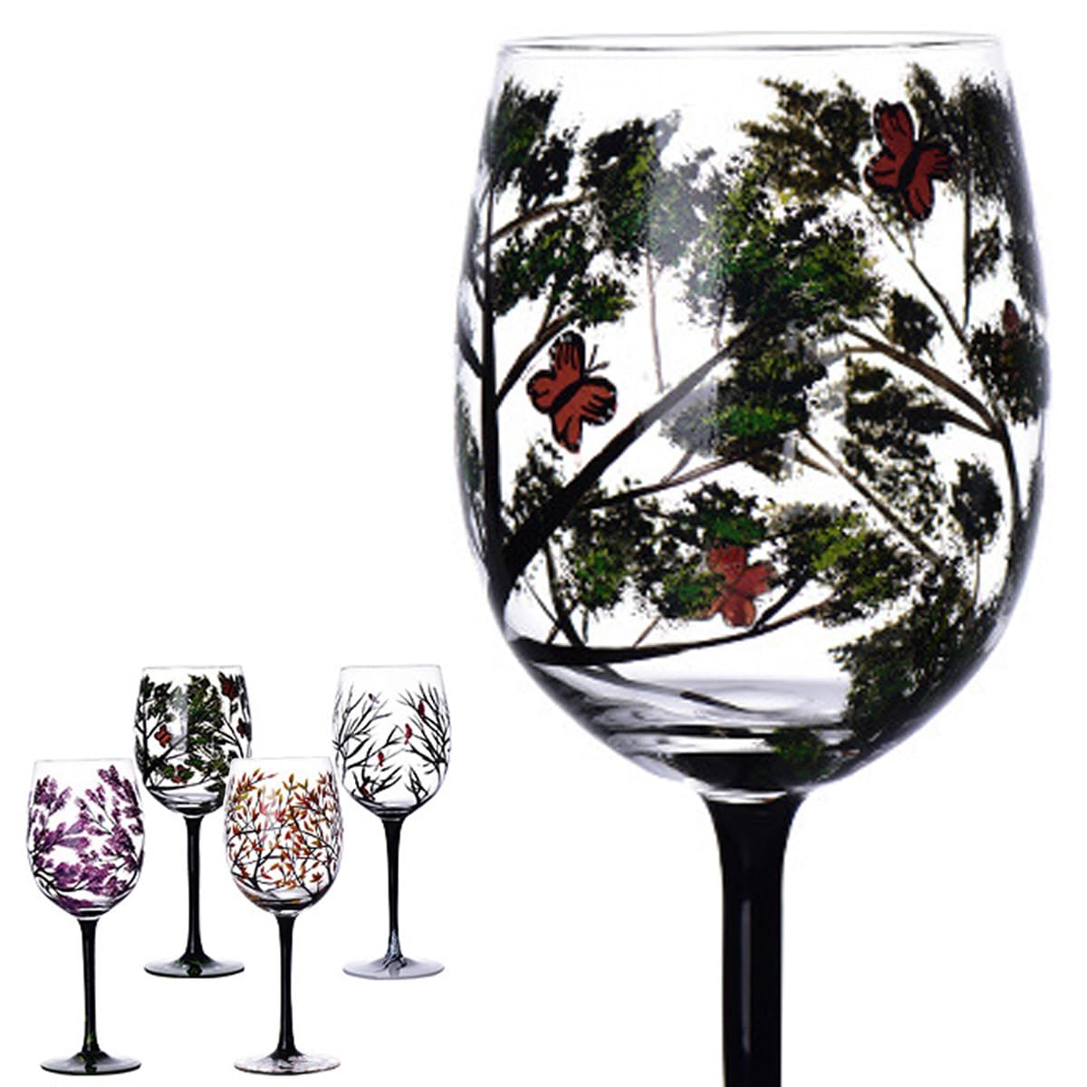 Four Seasons Tree Wine Glasses - Hand Painted Art Wine Glass, Spring Summer Winter Fall Colored Painted Glassware Decorative Wine Glasses Set, Unique Housewarming Gift (Stemmed Glass, Single, Summer)