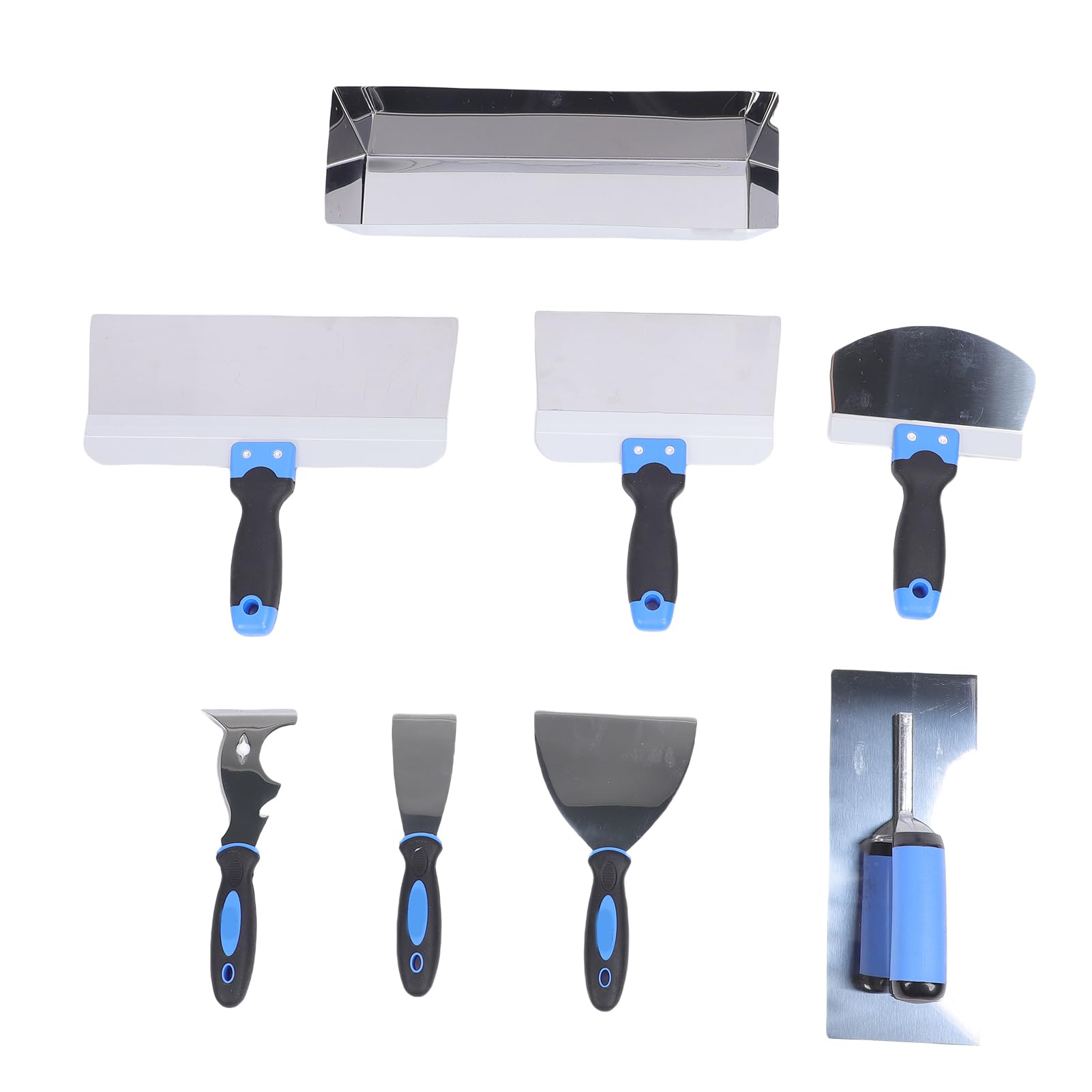 Set Spatola a Secco 8 Pezzi, Padella di Fango 14 Pollici, Raschietto in Acciaio Inossidabile, Pala, Cazzuola con Intonaco con Manici Ergonomici per la Pittura di Fango a parete.