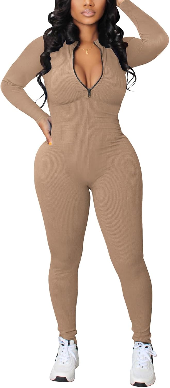 Women Zip Up Bodycon Jumpsuits Ribbed Long Sleeve Slim Fit One Piece Pants Jumpsuits