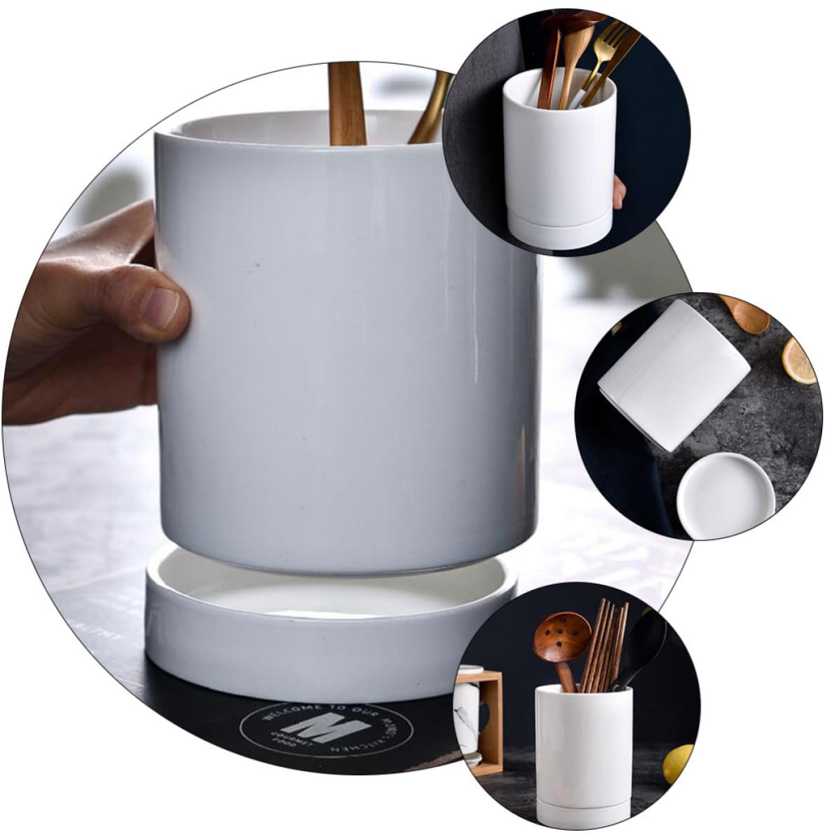 CLISPEED Porte-ustensiles en Céramique Blanc Égouttoir, Range Baguettes Cuisine Multifonction pour Organisateur Cuisine Moderne
