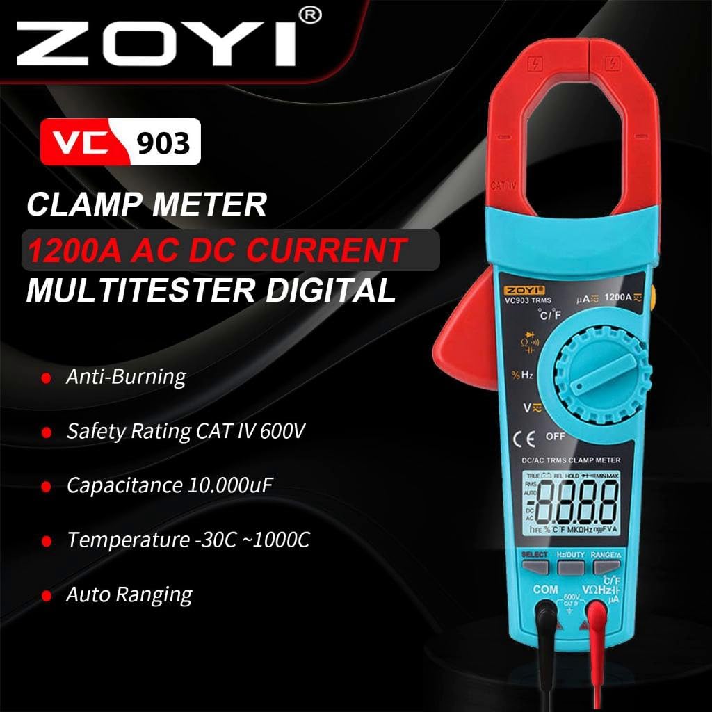 ZOYI VC903 Industrial Digital Clamp Meter, True-RMS 6,000 Counts, 1200A AC/DC, CAT IV 600V, up to 1000V DC, Auto/Manual Range - Image 2