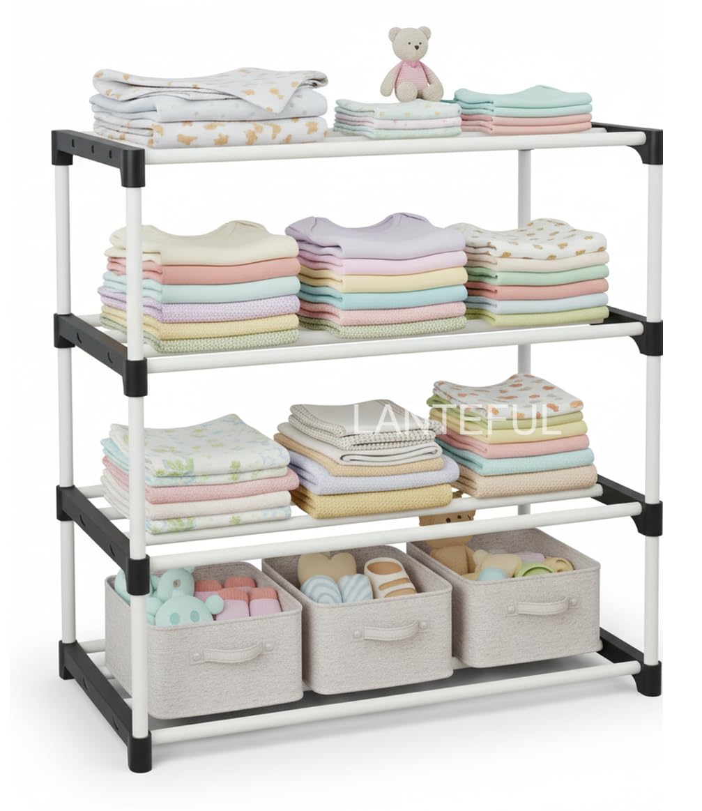 4 Tier Storage| Modular Kitchen | Portable Storage Cabinet | 4 Shelves Storage Rack Almirah for Bedroom | Space-Saving Closet for Clothes & Accessories (4) Foldable (Black)-image-37