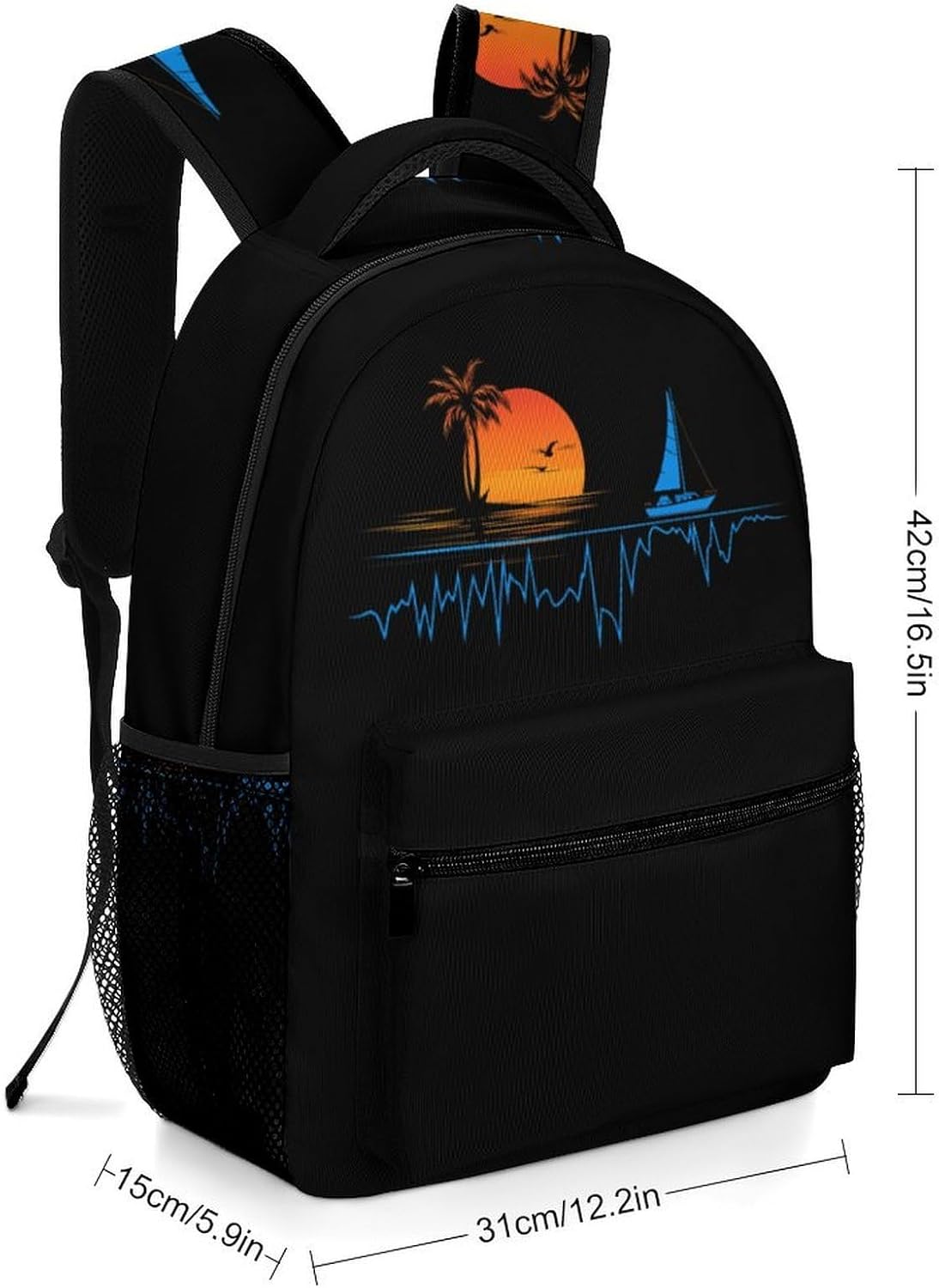 Heartbeat with Sailboat Tropical Palm Trees Laptop Backpack Lightweight Travel Daypack Shoulder Bag for Men Women