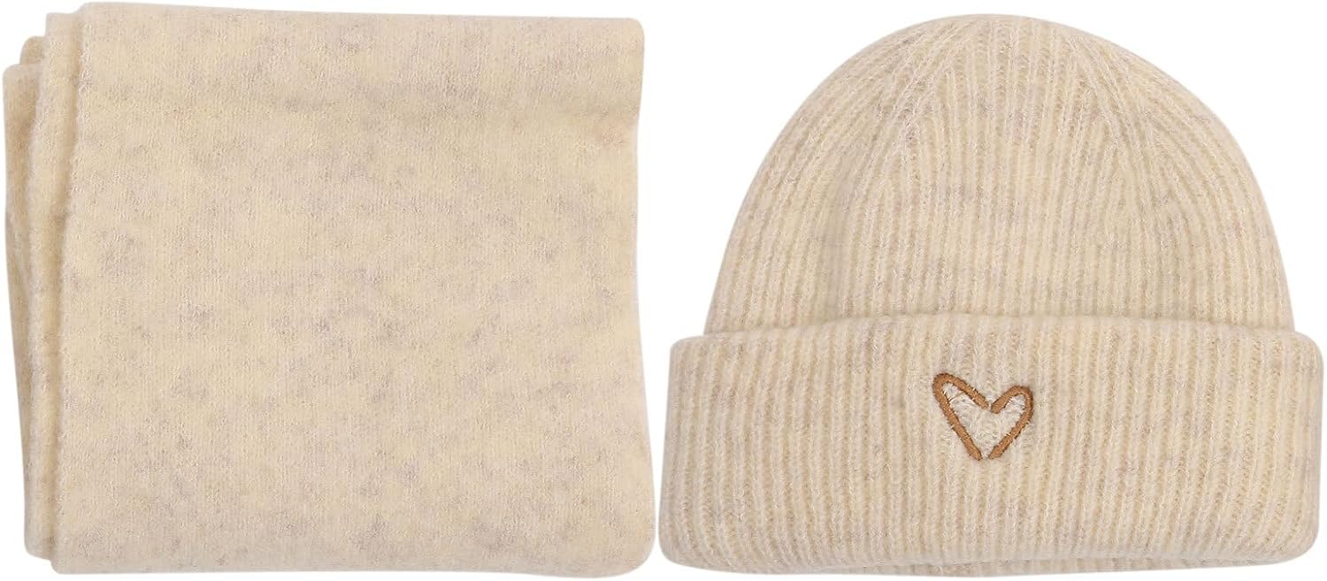 Embroidered Heart Warm Hat and Decorative Scarf Set for Little Girl, Regenerated Fiber Material, Comfortable to Touch, Safe for Delicate Skin, for Cold Weather and Outdoor White