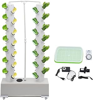 Hydroponic System 56 Löcher Hydroponisches Anzuchtsystem Vertikales Hydroponik Tower Automatische Bewässerung Hydrokultur Setmit 30L Wassertank und Räder (Weiß)