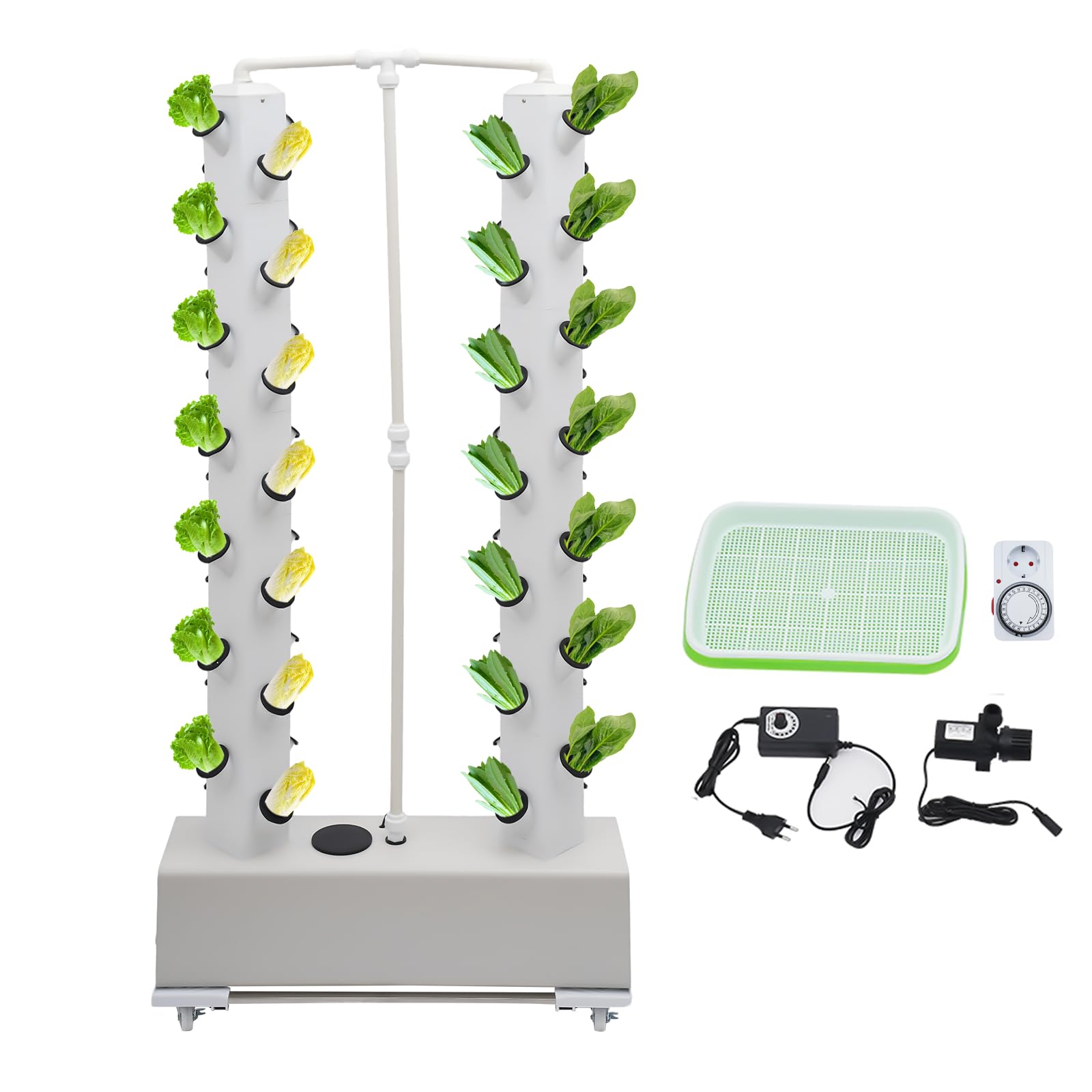 Sistema hidropónico de 56 agujeros, sistema de cultivo hidropónico vertical, torre hidropónica, riego automático, juego de hidroponía con depósito de agua de 30 l y ruedas (blanco)