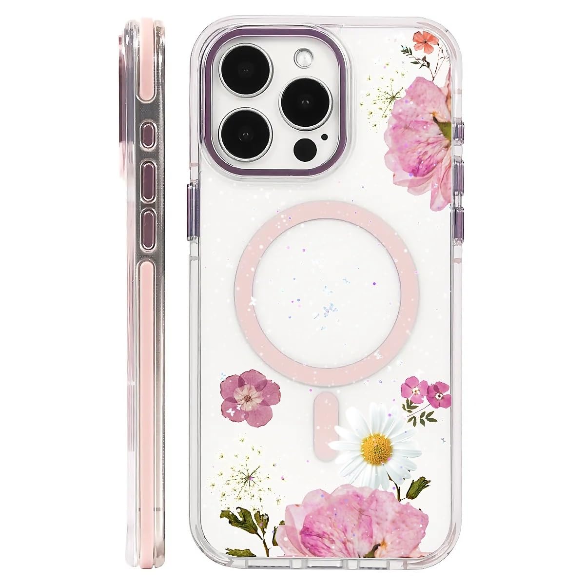 CARLOCA for iPhone 15 Pro Case,Pink Pressed Flower Compatible with MagSafe & Magnetic Wireless Charging,Shockproof Protective Phone Case Cover for
