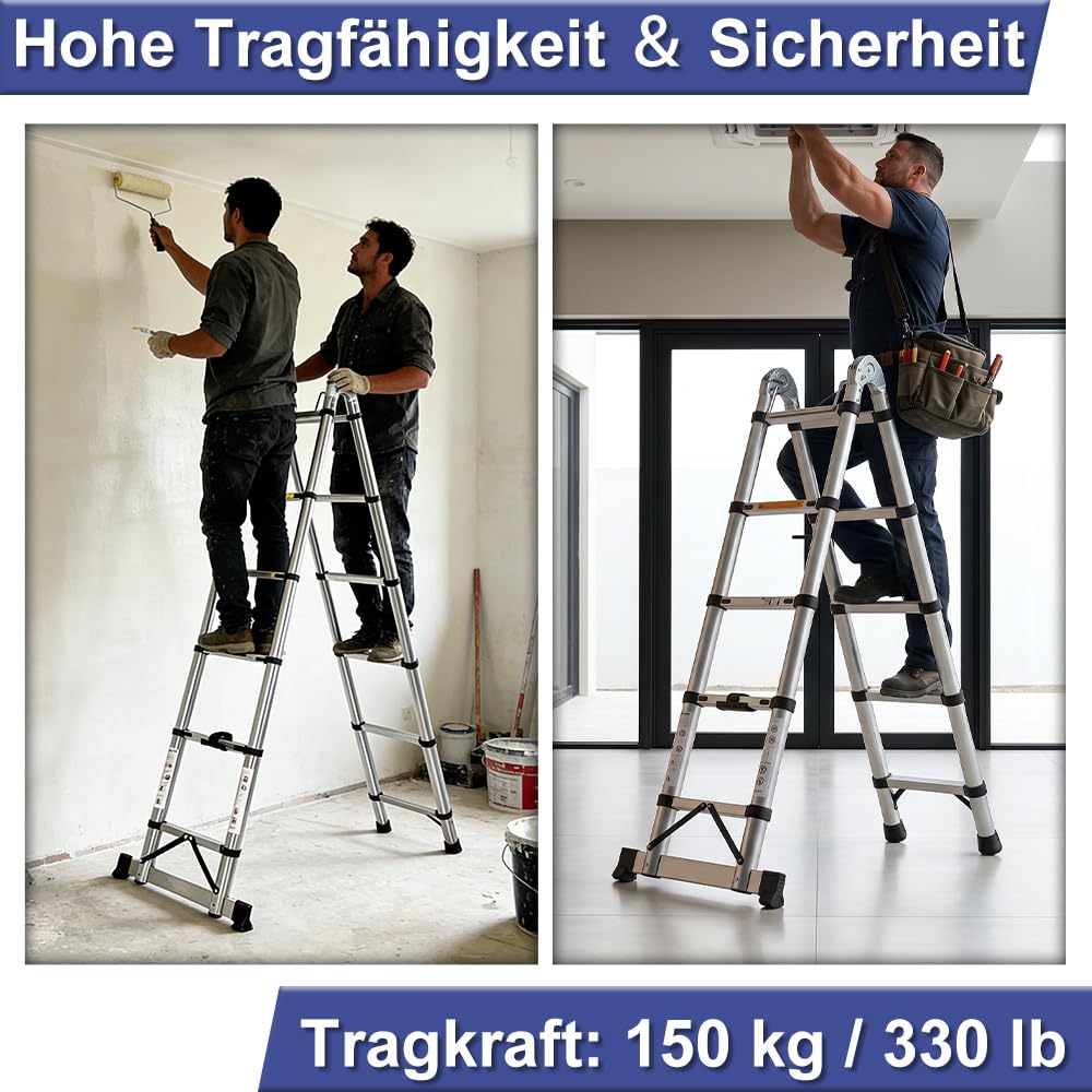 Edelstahl Teleskopleiter Einzelleiter Hochfest Verstärkt, Tragbare Ausziehbare Leiter mit Rutschfesten Füßen, Tragkraft 150 kg Für Dachboden, Wohnmobil, Heimwerkerarbeiten (2.5+2.5M)