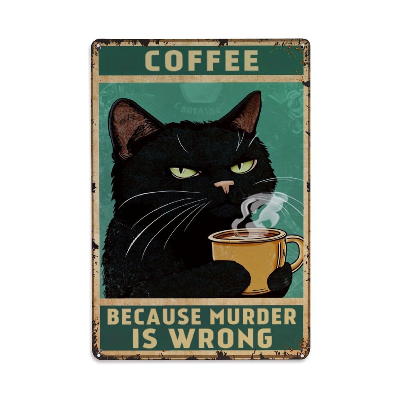 Bliveurn Vintage Black Cat Holding Coffee Cup Retro Metal Tin Sign, Metal Poster For Home, Gaming Room, Studio Workshop,Bar,Garage Wall Art Decor 8X12 Inch