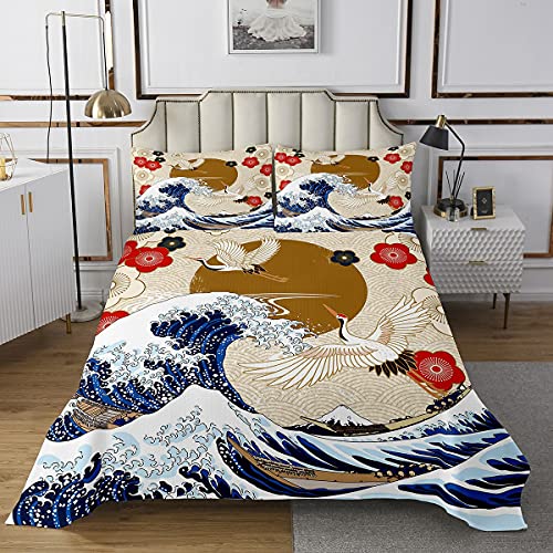 feelingyou Colcha de pintura japonesa, 240 x 260 cm, grúa y flores rojas, juego de edredón para niños y adultos, juego de cama con 2 fundas de almohada, poliéster acolchado