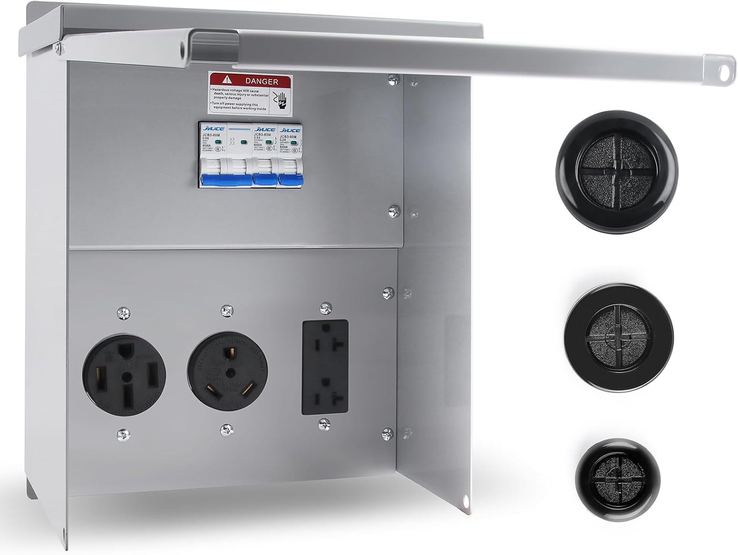 Newdeli RV Electrical Panel 20 30 50 Amp Receptacle Electric Panel with Breaker Temporary Power Outlet Breaker Panel Pre-Wired Breaker Box RV Power & Electrical Supplies