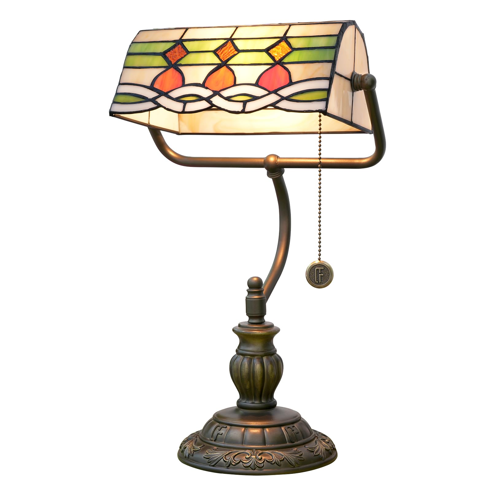Blivuself Green Tiffany Style Banker Desk Lamp red Stained Glass Lamps Vintage Bedroom Bedside Study Zipper Pull Chain Reading Desk Light Retro Office led Adjustable Aesthetic Antique Accent desklamp