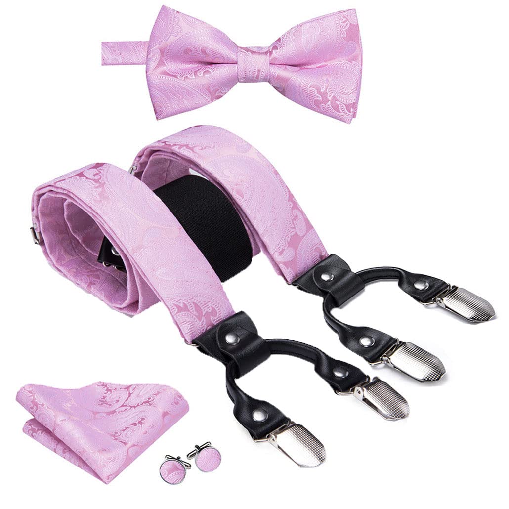 keusyoi Herren-Hosenträger-Set aus Jacquard-Seide, blaue Blume, 6 Clips, Herren-Hosenträger, Fliege, Einstecktuch, quadratisch, 3,5 cm breit