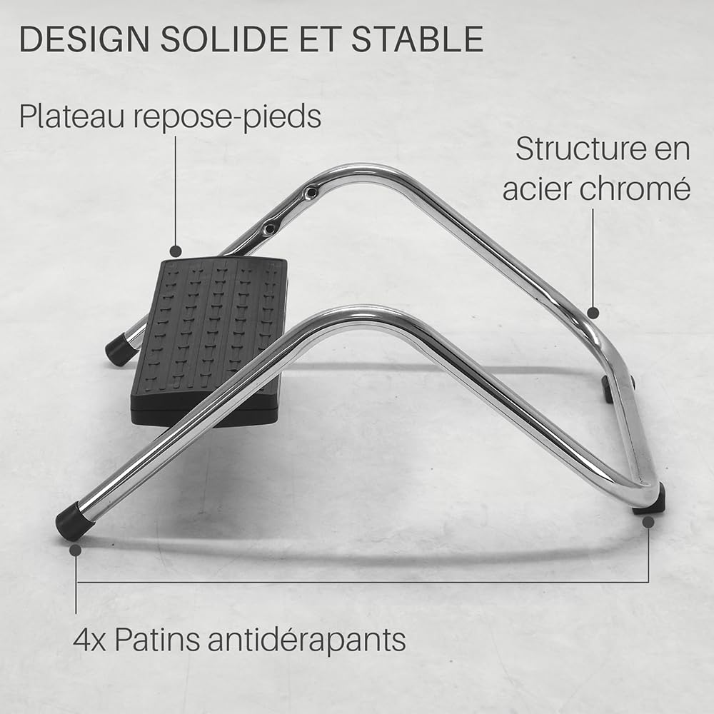 Repose Pieds de Bureau Réglable – Réglable 4 Hauteurs - Plateau Articulé toutes inclinaisons Antidérapant – Structure Acier Chromé –Ergonomie et Confort au Travail