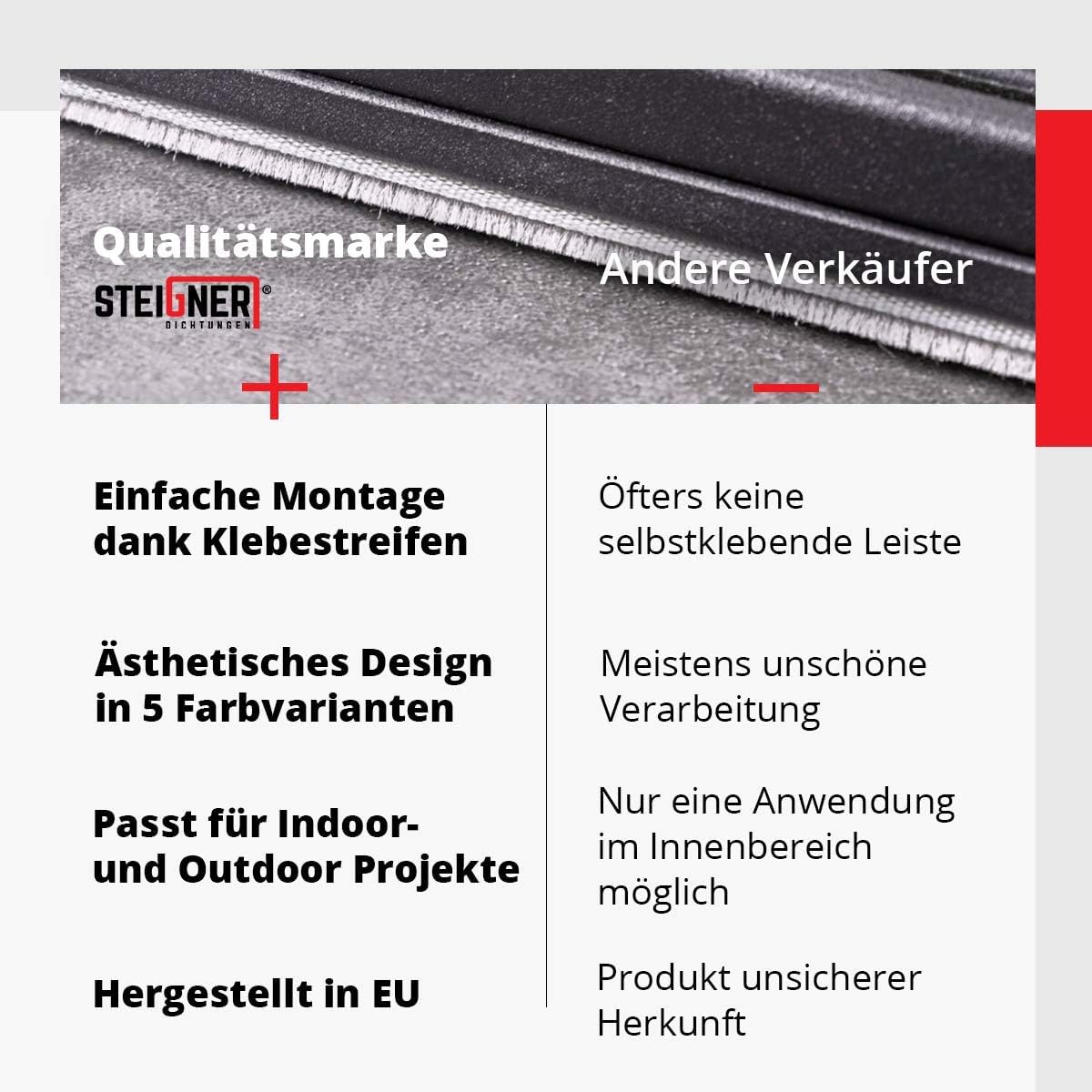 STEIGNER Burlete de cepillo autoadhesivo marrón 12 mm x 50 m - Burlete para ventanas, puertas y balconeras - Aislamiento acústico, protección contra el viento y el polvo