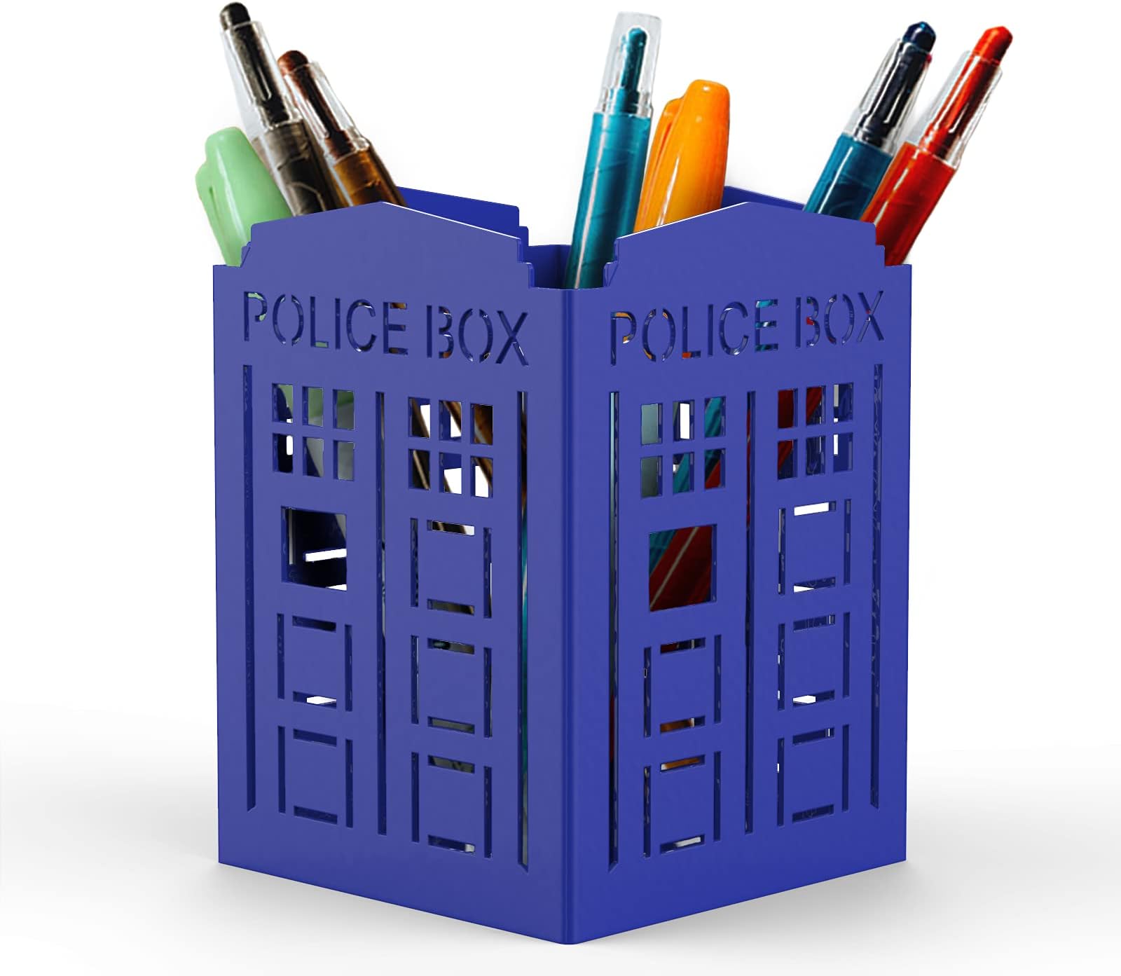 Mango Steam Metal Pen Holder, Makeup Brush Cup Organizer for Office, Bathroom, Vanity (Blue, Police Box)