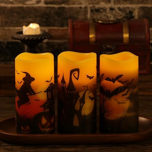 Miniatura 2 de OWLBAY Juego de 3 velas parpadeantes sin llama de Halloween con control remoto y temporizador, velas LED de cera real que funcionan con pilas,