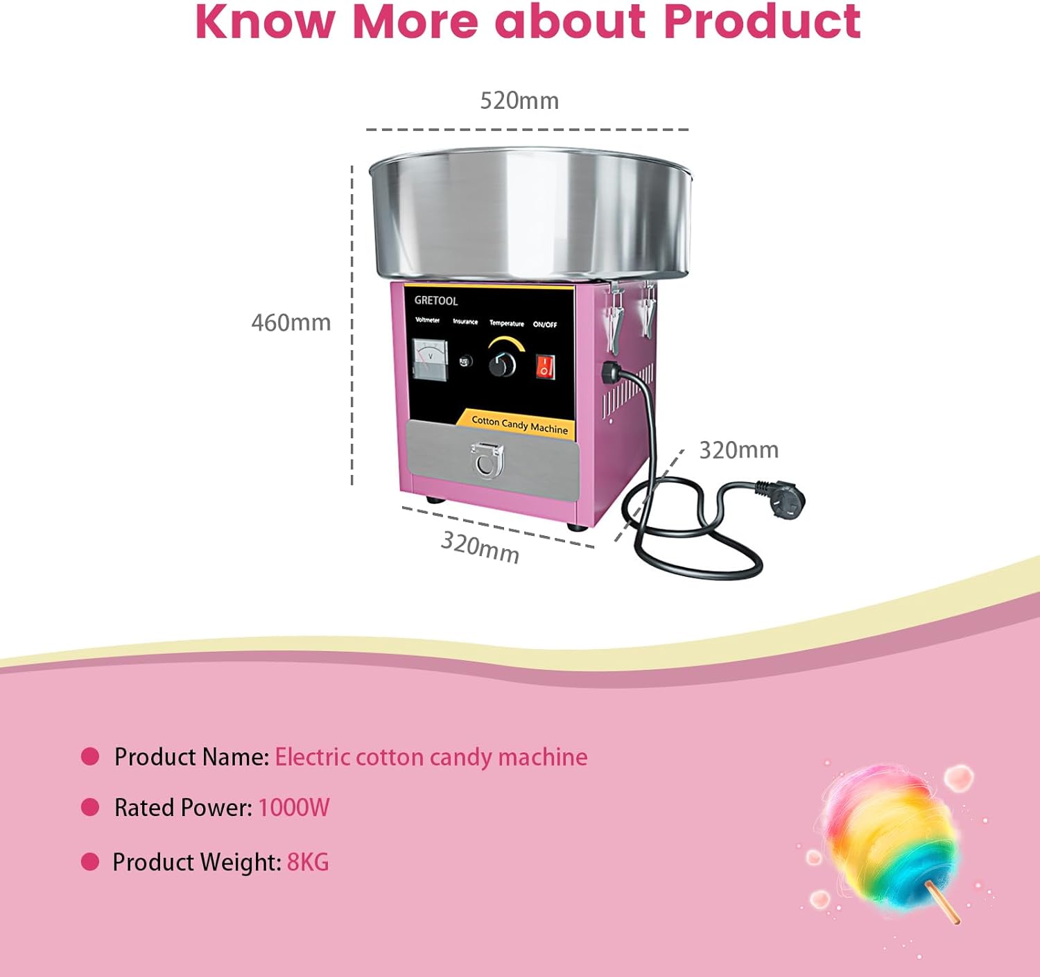 Electric Cotton Candy Machine, 1000W Commercial Floss Maker w/Stainless Steel Bowl, Sugar Scoop and Drawer, Perfect for Home, Carnival, Kids Birthday, Family Party, Pink