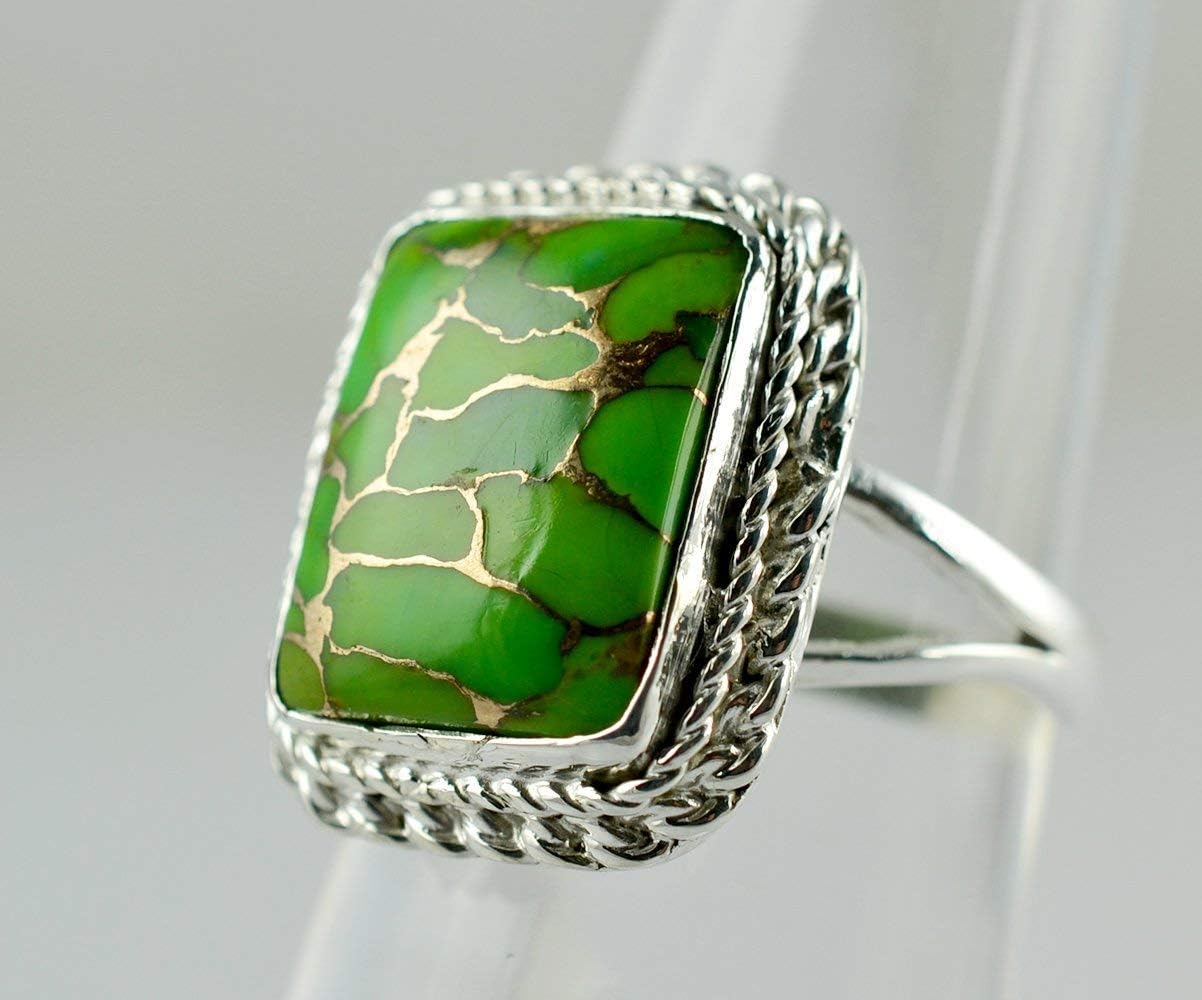 Navya Craft Green Turquoise Ring, 925 Sterling Silver Handmade Statement Promise Ring for Women, Natural Copper Turquoise Cushion Gemstone Jewelry, December Birthstone Gift