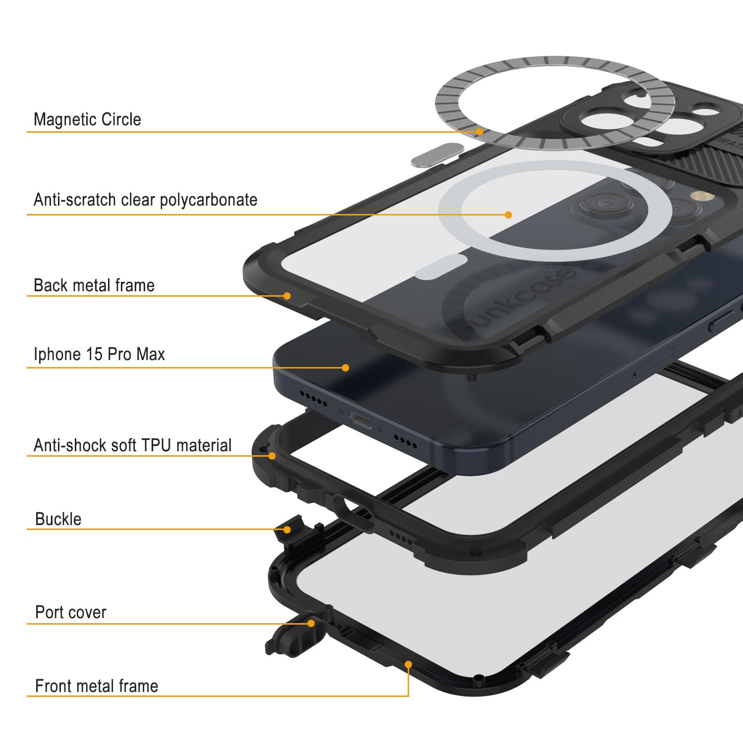 PunkCase Custodia In Metallo Per IPhone 15 (6,1") - Grado Militare, Antiurto Con Doppio Strato Alluminio/TPU E Vetro Temperato Incluso (Nero)
