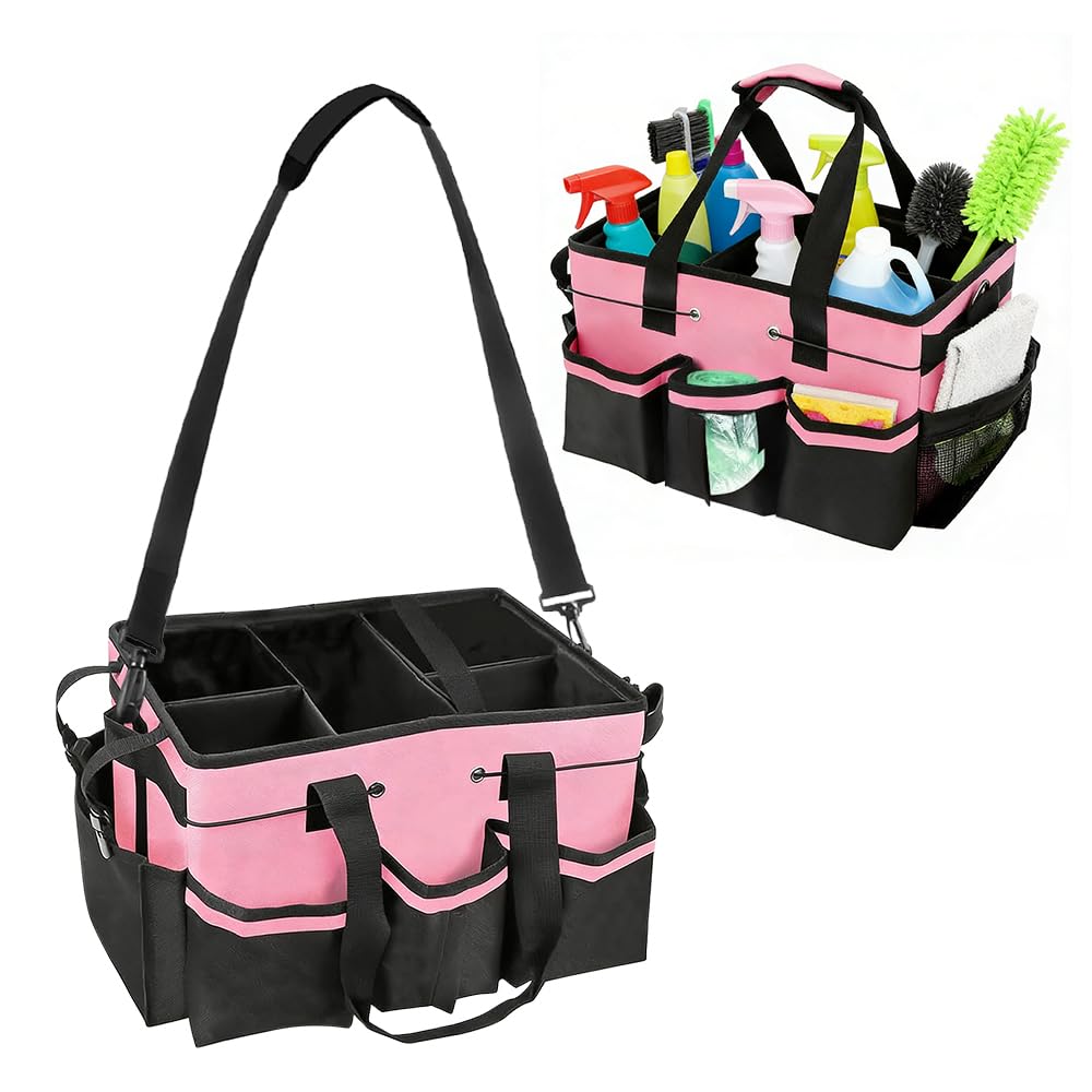 Rnpkz Pink Cleaning Caddy Bag, Cleaning Caddy Organiser With Handle, Adjustable Shoulder Strap & Multiple Pockets, Large Multi-Compartment Cleaning Products Organiser For Housekeeper Car Detailing (Pink)