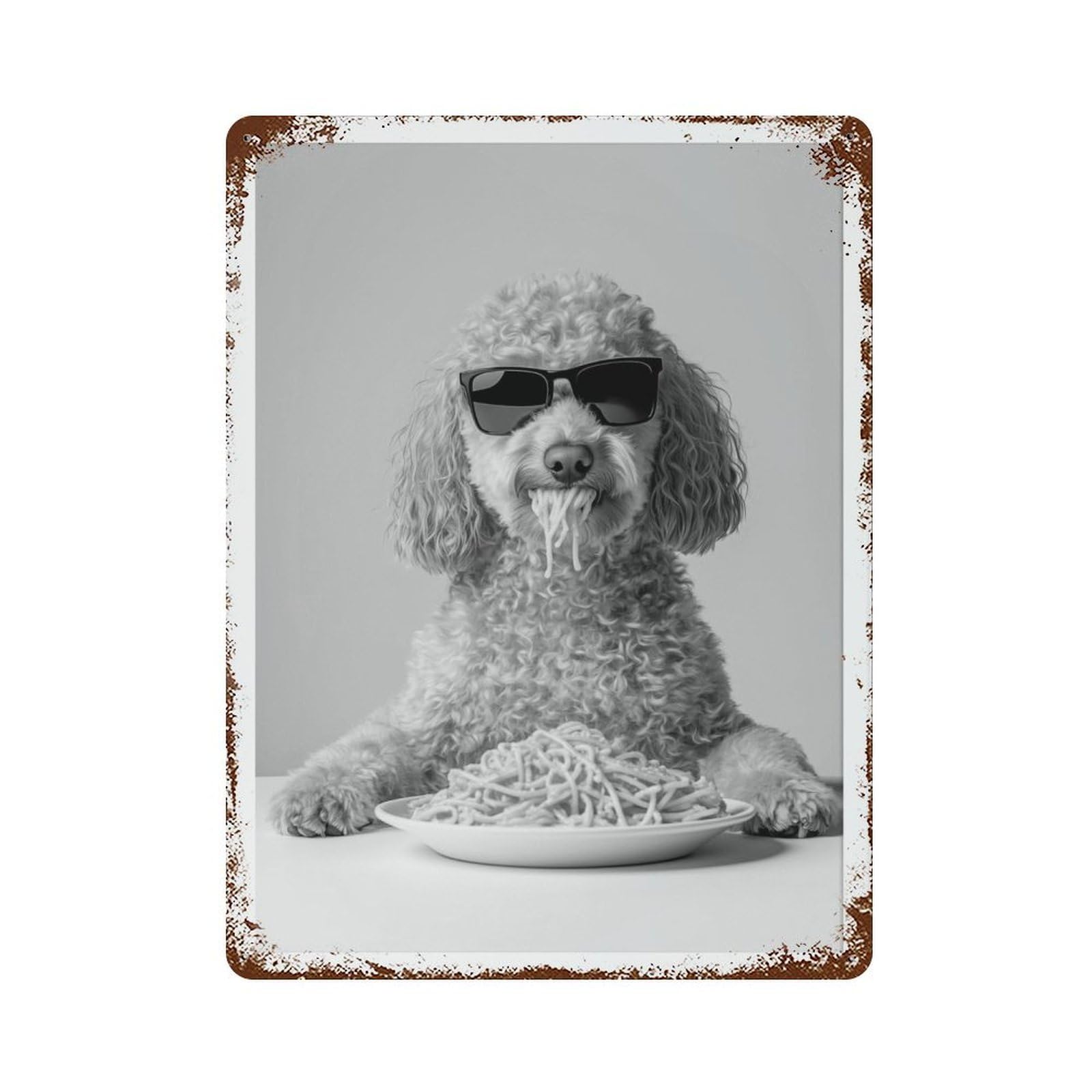 xiaoxiaoshen Goldendoodle Eating Pasta Dog Funny Doodle Wall Decor Art Metal Tin Poster Modern Home Decor Art Home Bar Shop Decorations Vintage Sign 40x30cm