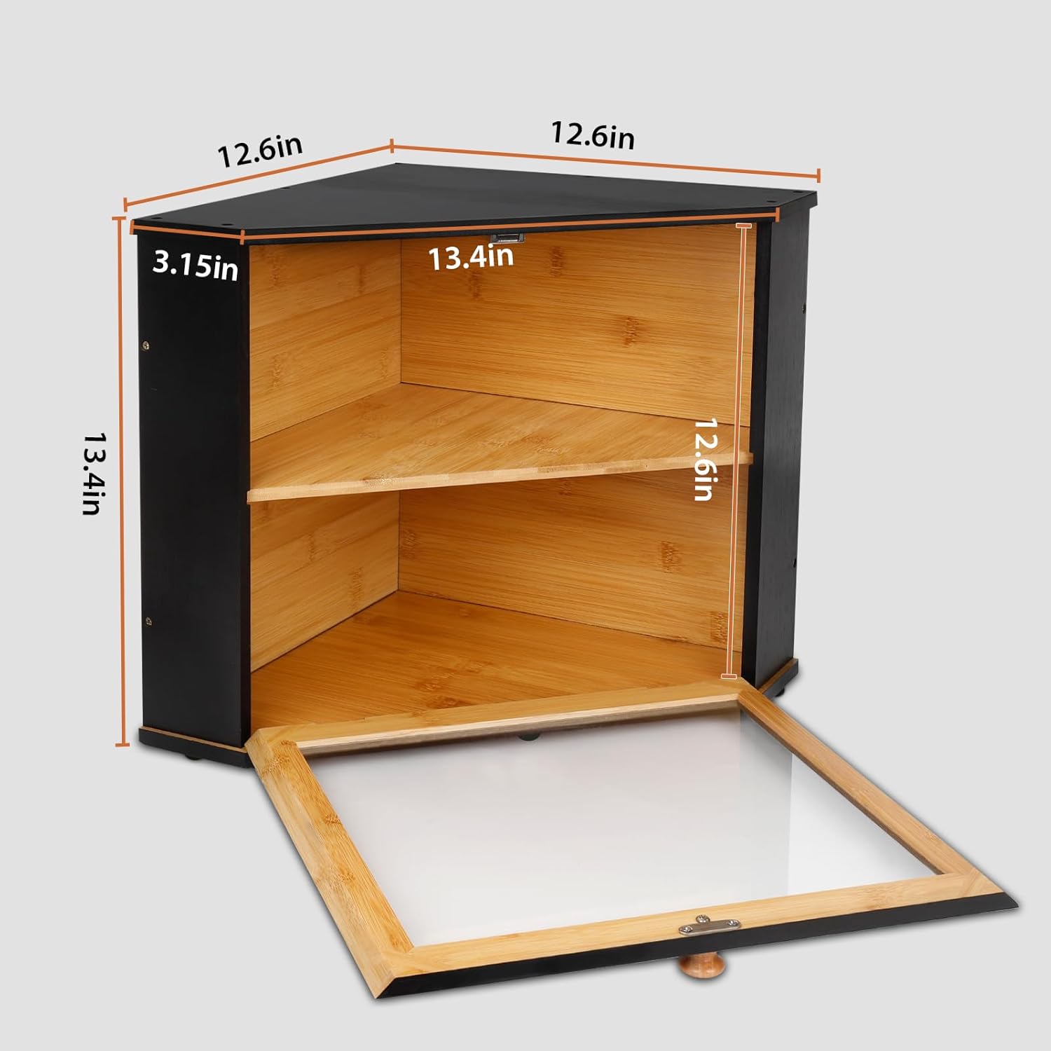 Bamboo Corner Bread Box for Kitchen Countertop - Double Layer Bread Storage with Clear Window, Black Wooden Bread Keeper Organizer for Homemade Bread, Under Cabinet Mount, Fits Countertop & Pantry