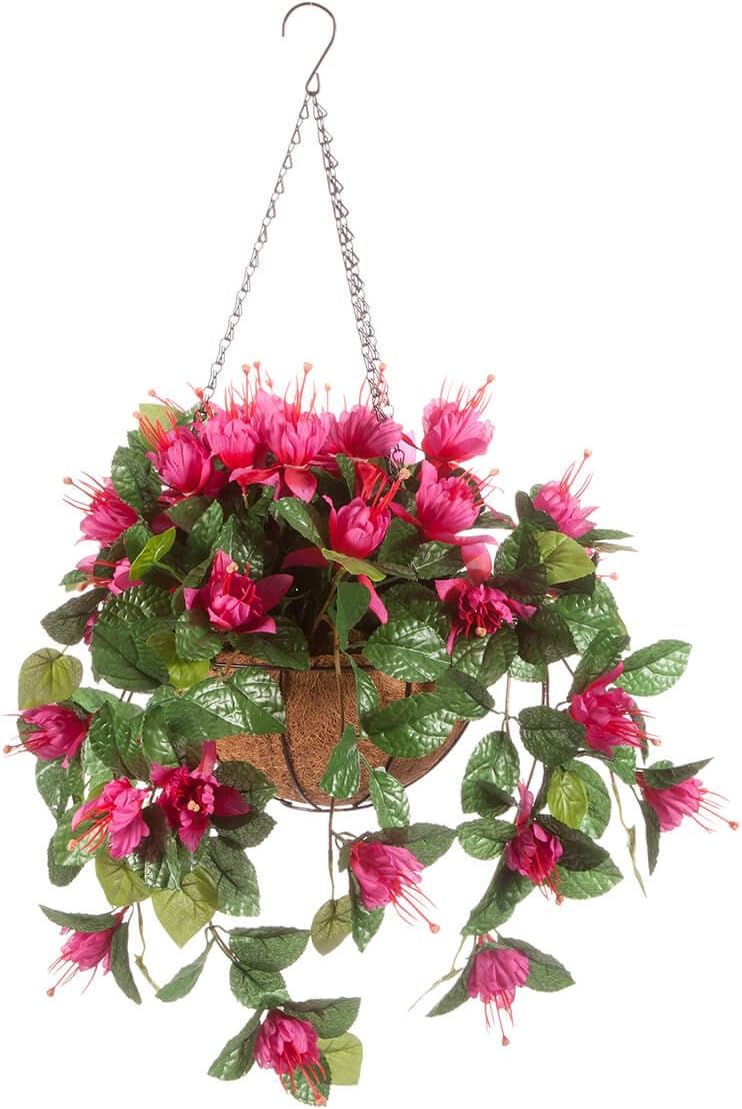 OakRidge Fully Assembled Artificial Fuchsia Hanging Basket – Polyester/Plastic Flowers in Metal/Coco Fiber Liner Basket for Indoor/Outdoor Use (Purple)