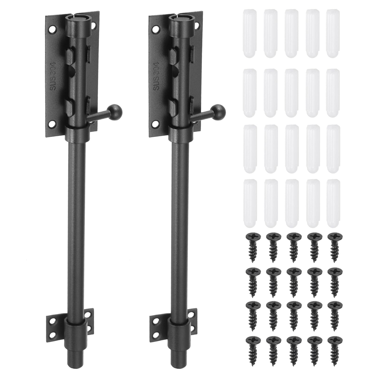 sourcing map 2-Pack Slide Bolt Latch, 12 in 304 Stainless Steel Barrel Bolt Latch Heavy Duty Door Latches Lock 14mm Dia Bar with Padlock Hole for Barn Wooden Fence Shed Door Garage [Black]