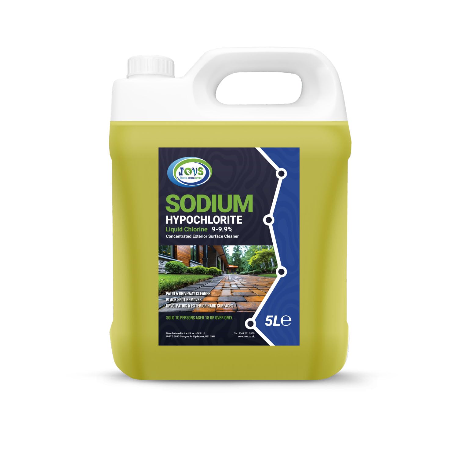 JOVS Sodium Hypochlorite 5L – High Strength 9.9% Patio & Driveway Cleaner – Concrete, Brick, Slab, UPVC, Roof & Fence Cleaner – Black Spot, Oil Stain & Odour Remover.