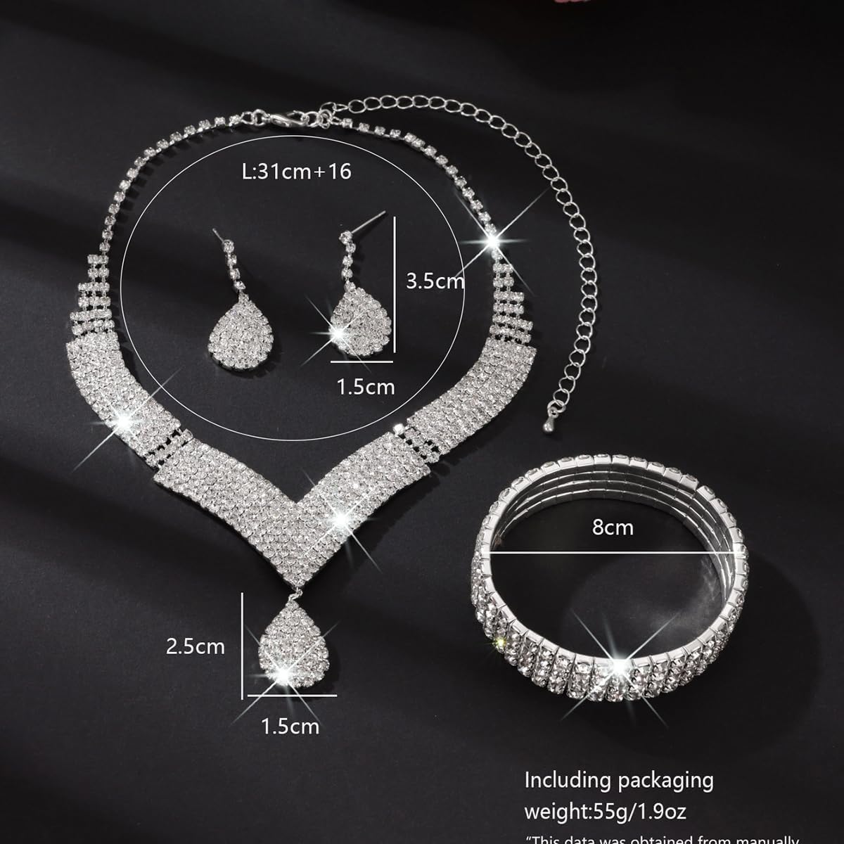 Rhinestone Jewelry Set Crystal Tassel Necklace Earrings Set Sparkly Necklace Earrings Set Wedding Prom Formal Costume Jewelry Accessories for Women - Image 4