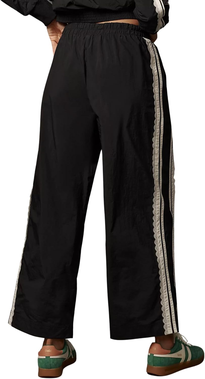 Women Baggy Track Pants Lace Side Stripe Drawstring Elastic Waist Wide Leg Parachute Pants with Pockets - Image 4