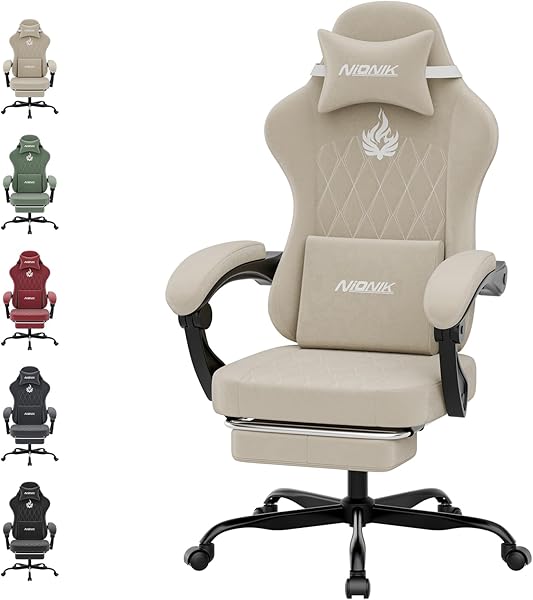 Ergonomic Gaming Chair Video Gamer Chairs Gaming Computer Chairs Gamer Chairs for Adults Massage Lumbar Support Swivel Height Adjustable Headrest Backrest Beige