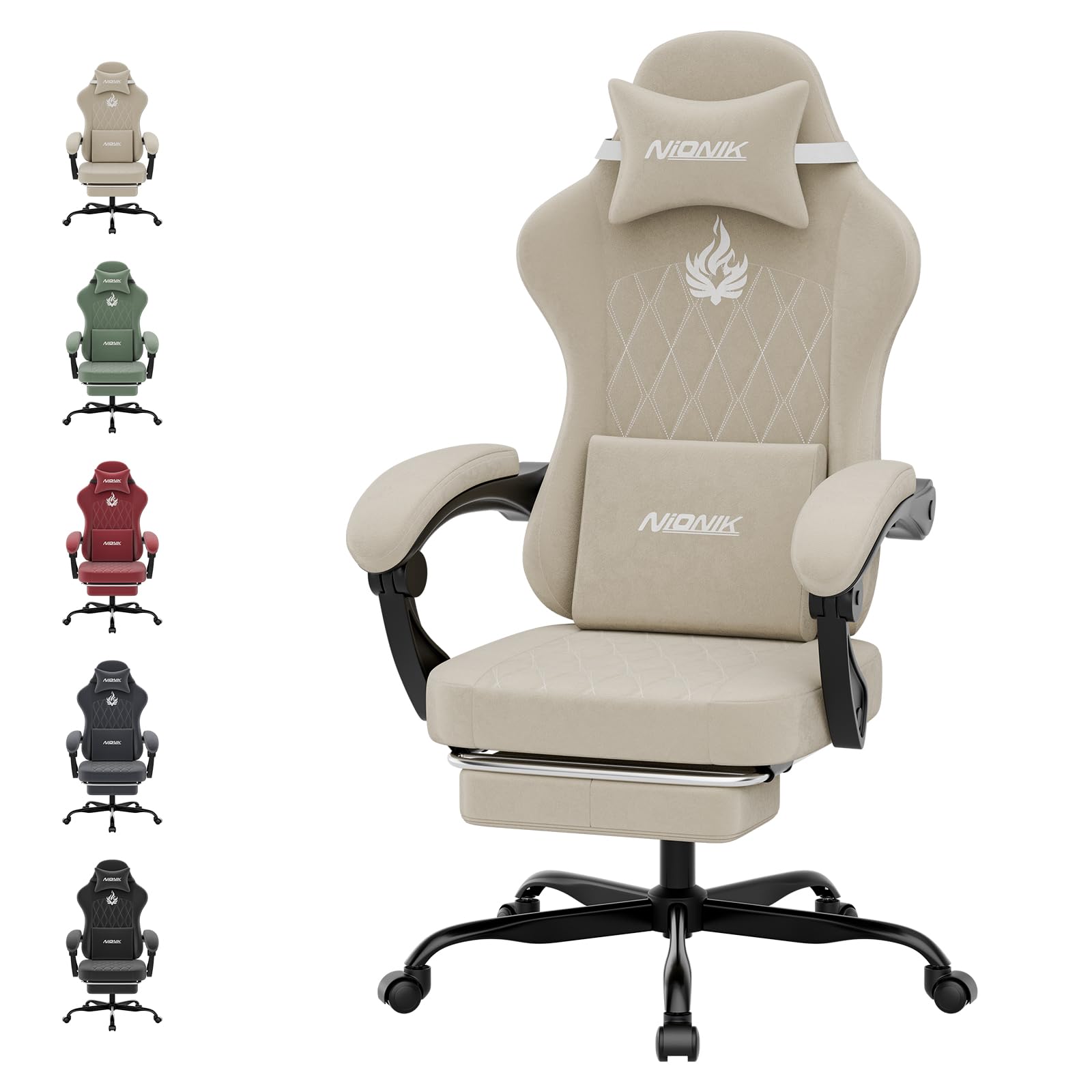 NIONIK Gaming Stuhl Einsteigermodell, Ergonomischer Computerstuhl mit Verstellbarer Höhe und Rückenlehne, Einfacher Gaming Stuhl für Kinder, Teenager, Erwachsene für Zimmer, Büro,Beige