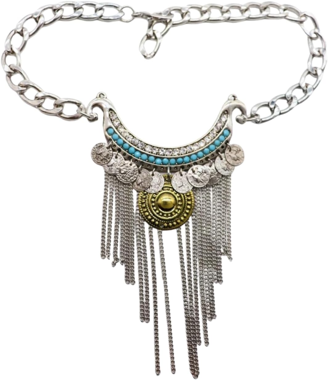 Women’s Boot Chain Anklets, 2 Pcs Silver Ethnic Fringe Charms Turquoise Beads & Antique Coin, Adjustable Size Western Cowgirl Shoe Bracelet, Boot Jewelry USA (BC23)