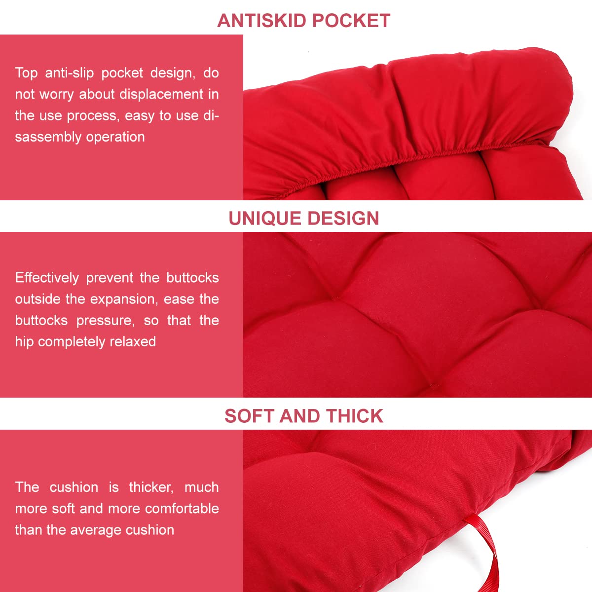 Coussin de Chaise Longue Bain de Soleil, Coussin Transat Jardin Exterieur avec Capuche Antidérapante, Coussin Matelassé Chaise Longue Épais, Coussin Transat pour Fauteuil Relax Lounge (Rouge)