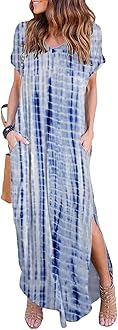 HUSKARYWomen's Summer Maxi Dress Casual Loose Pockets Long Dress Short Sleeve Split Maxi Dresses
