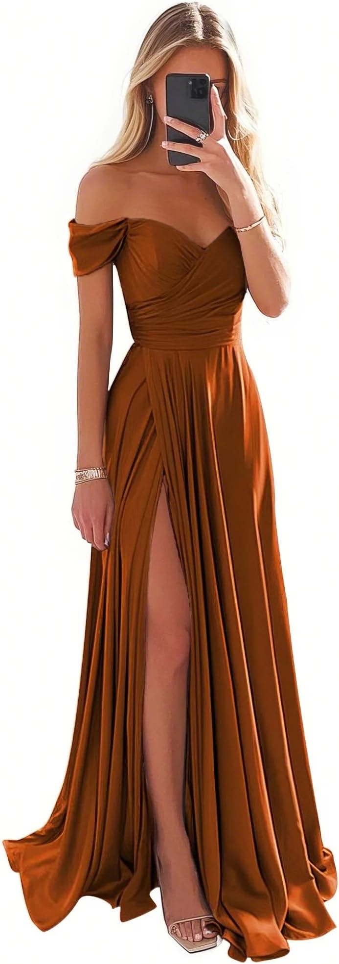 Off Shoulder Satin Bridesmaid Dresses for Women Corset Prom Dress Long Ruched A Line Formal Gown with Slit