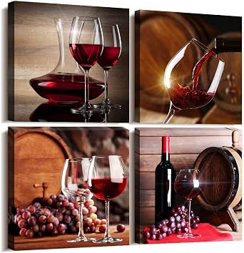 TTHYUEWS Canvas Wall Art For Kitchen Dining Room Wall Decor Wine Glass Wall Painting Still Life Wine Fruit Goblet Frame Wall Pictures Prints Artwork Bar Restaurant Decoration Home Decor 4 Piece Set